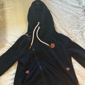 Wanakome Black Hoodie with Brown Rope Trim
